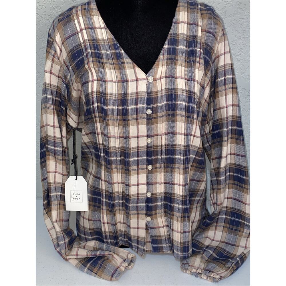 Cleo + Wolf Women’s Size Small Western‎ Shirt Blouse Blush Plaid NEW Beige Blue